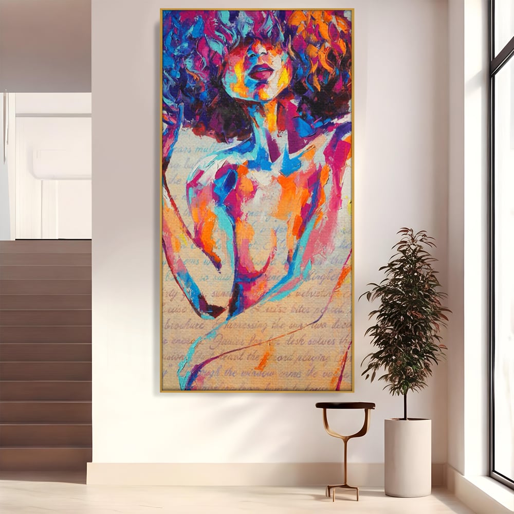 Tablou canvas cu tablou canvas cu portret abstract de femeie, in rama de aluminiu auriu